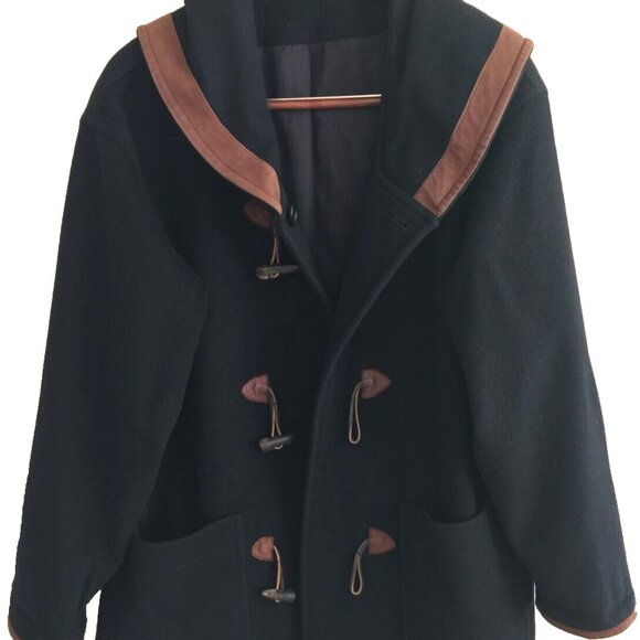 VINTAGE 100% WOOL LEATHER TRIM HOODED DUFFLE COAT WOMENS 10 BLACK MADE IN USA - Picture 4 of 14